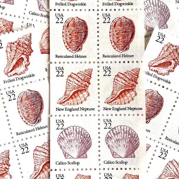 10 Vintage Unused Seashell Mail Stamps / Beach Shell USPS Postage / 22 cents US