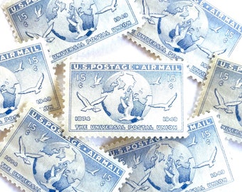 20 Vintage Unused Globe and Doves Carrying Messages Mail Stamps / Earth Bird Blue Airmail USPS Postage / 15 cents US