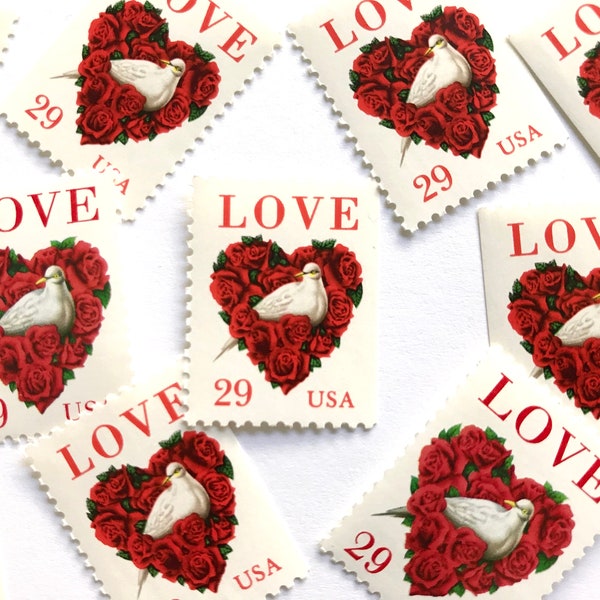 20 Vintage Unused Dove and Roses Stamps / Love Series Red Roses Heart and Dove USPS Postage / 29 cents US