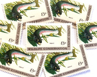 10 Vintage Unused Rainbow Trout Stamps / Wildlife Conservation USPS Postage / 8 cents US