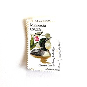 May include: A vintage 20-cent postage stamp from Minnesota, USA, featuring a common loon and a showy lady slipper orchid. The stamp is white with a green, brown, and pink illustration.