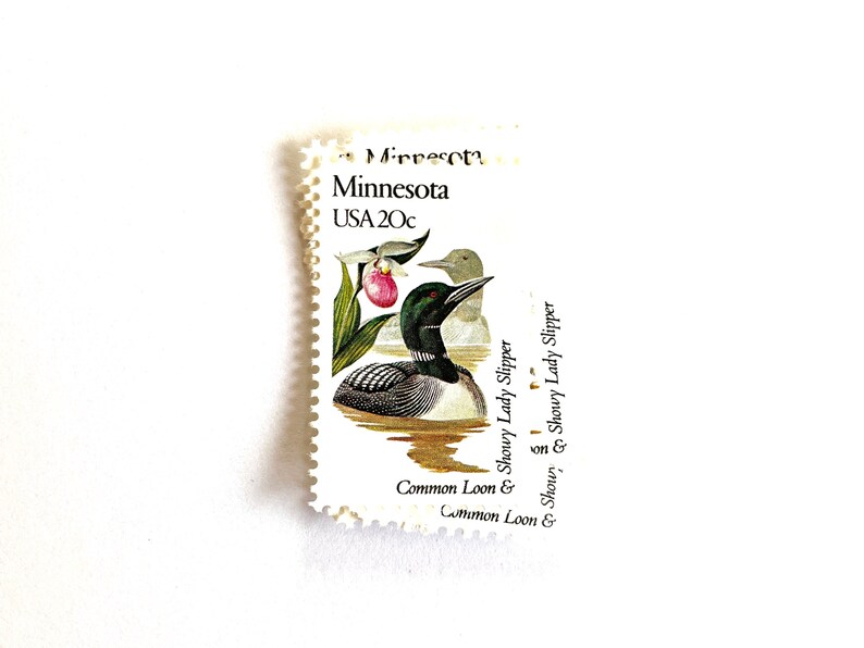 May include: A vintage 20-cent postage stamp from Minnesota, USA, featuring a common loon and a showy lady slipper orchid. The stamp is white with a green, brown, and pink illustration.