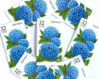 10 Vintage Unused Hydrangea Flower Mail Stamps / Blue Fall Garden Flowers Botanical USPS Postage / 32 cents US