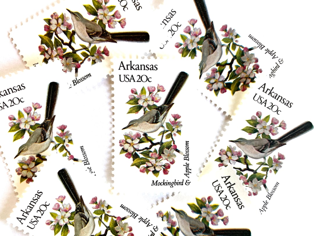 10 Vintage Unused Arkansas State Bird and Flower Mail Stamps