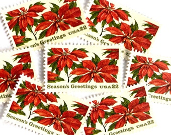 20 Vintage Unused Christmas Poinsettia Stamps / Red Holiday USPS Postage / 22 cents US