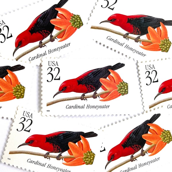 10 Vintage Unused Cardinal Honeyeater Stamps / Tropical Bird USPS Postage / 32 cents US