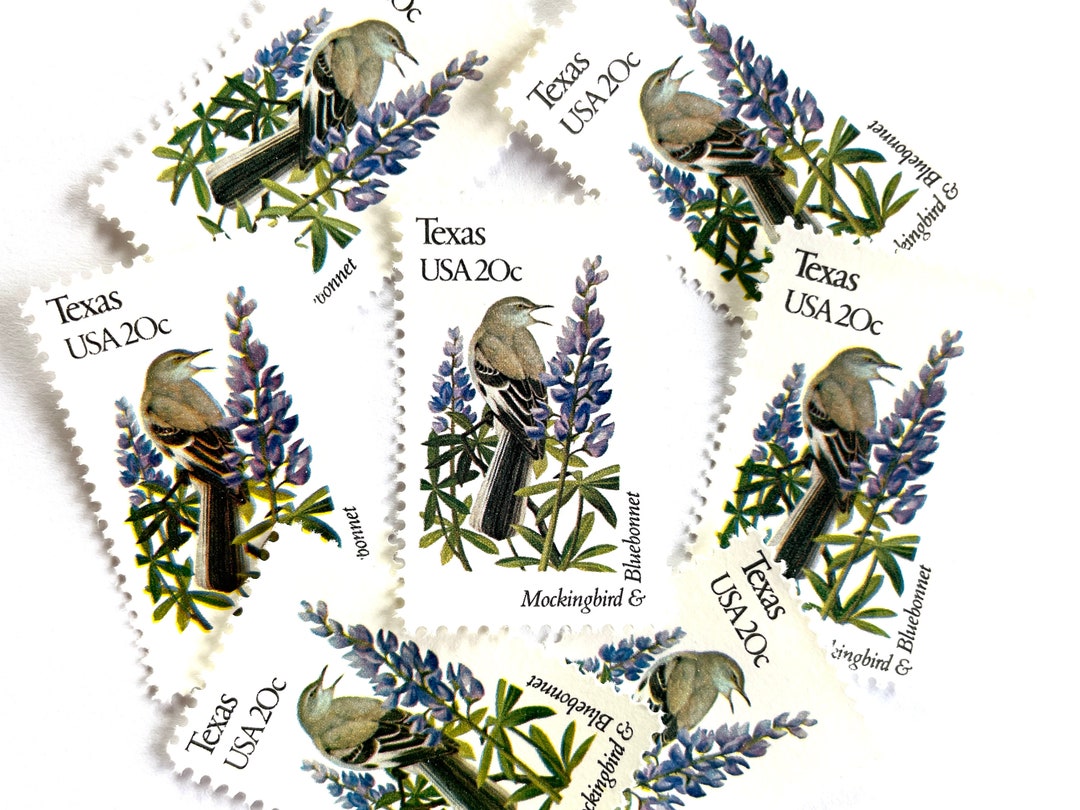 10 Vintage Unused Texas State Bird and Flower Mail Stamps / Mockingbird