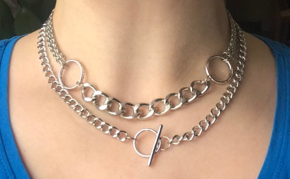 Silver Necklaces Set, Silver Chain O Ring Choker, and Silver Chain