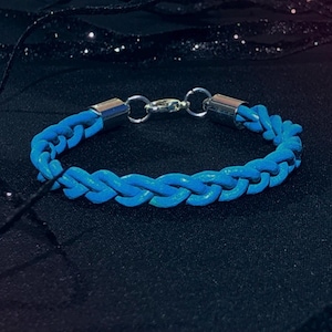 留め具付き編み込みブルーレザーブレスレット、ジュエリー、レザージュエリー