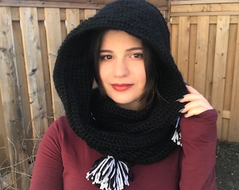Black crocheted Wool Snood with Black and White Tassels