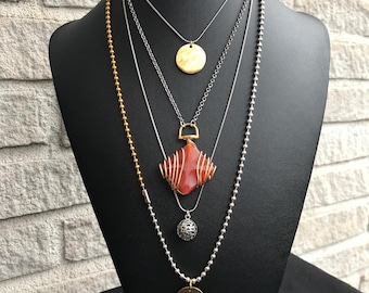 Alice Wu Gulliver Agatha All Along necklaces, orange stone wire wrapped necklace, gold, silver ball chain, round gold pendant