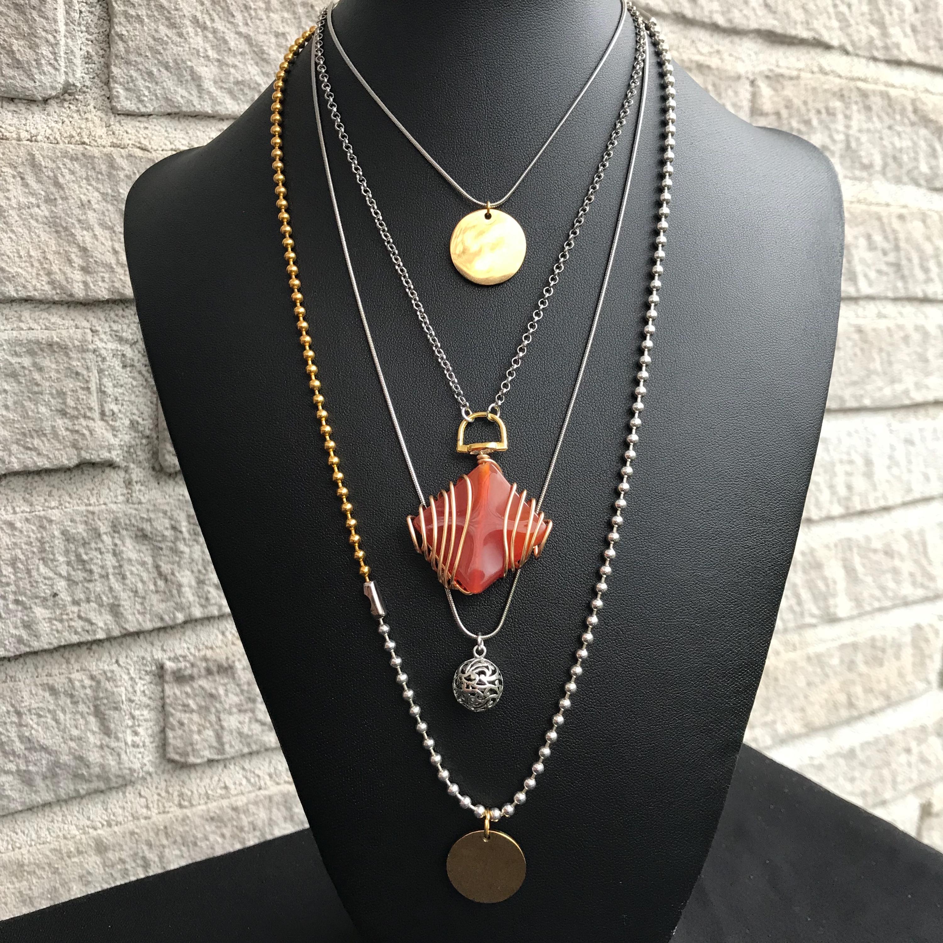 Alice Wu Gulliver Agatha All Along necklaces, orange stone wire wrapped necklace, gold, silver ball chain, round gold pendant