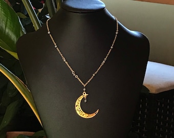 Moon Knight Inspired Gold Chain Neckalce with Grey beads and Gold Crescent Moon Pendant