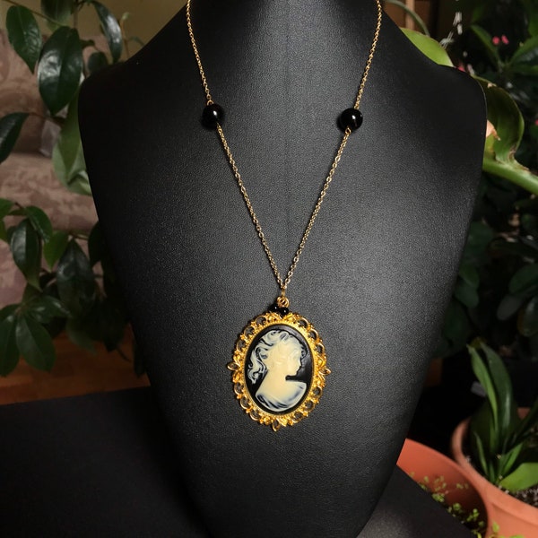 Shilo Wallace Gold Chain Necklace With Lady With Ponytail Cameo Cabochon Pendant and Black Beads from 'Repo the Genetic Opera’