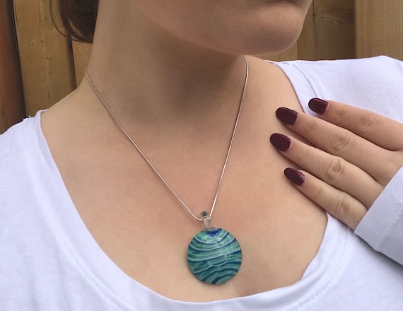 Turquoise Wave Pattern Round Glass Pendant Silver Necklace Etsy