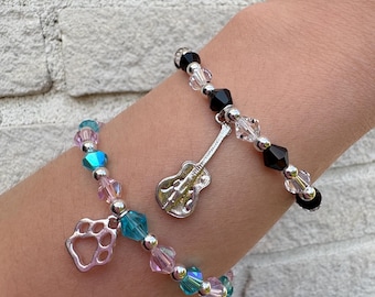 Beaded Friendship Bracelets, Pink, Blue, Black, White, Cello Charm, Wolf Paw Charm
