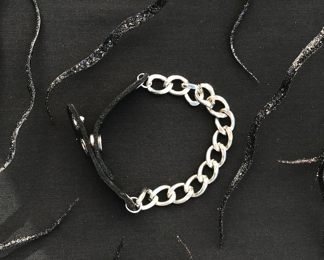 Chain Bracelet With Black Leather and Snaps - Etsy