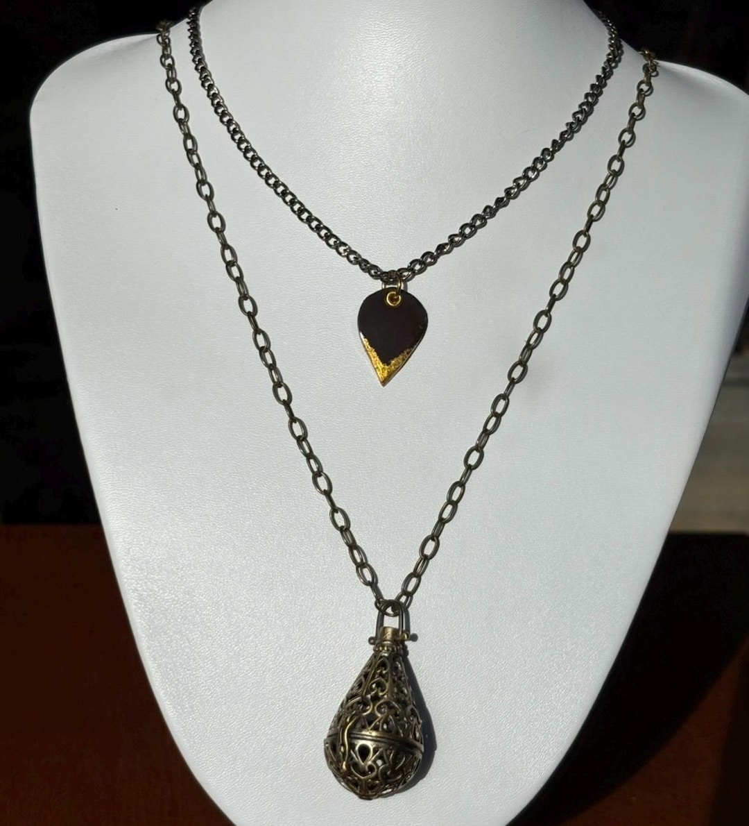 Bronze and Gold Leaf and Antique Bronze Teardrop Cage Pendant