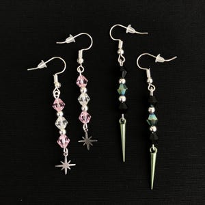 Beaded Dangle Earrings, Spike earrings, star earrings, green black pink and white