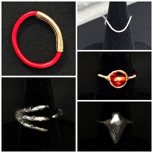 Wanda Maximoff/ Scarlet Witch Avengers Age of Ultron Leather Ring, Arrowhead Ring, Claw Ring, U Wire Ring, and Bead and Gold Wire Ring Set