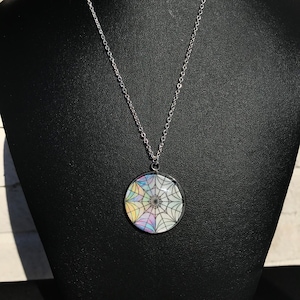 Wednesday Addams and Enid Sinclair Spiderweb Glass Window Cabochon Silver Chain Necklace 30mm Pendant