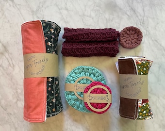 Nachhaltiges Home Bundle | Upcycled Küchentücher | Waschbare Schwämme | Handgemachte Waschlappen | Gesichtsrunden aus Baumwolle
