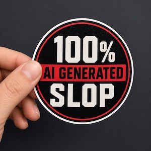 May include: A circular sticker with a black background, a white border, and a thin red inner ring. The text 100% is printed in white at the top, followed by a red horizontal bar with the words AI GENERATED in black, and SLOP in white.