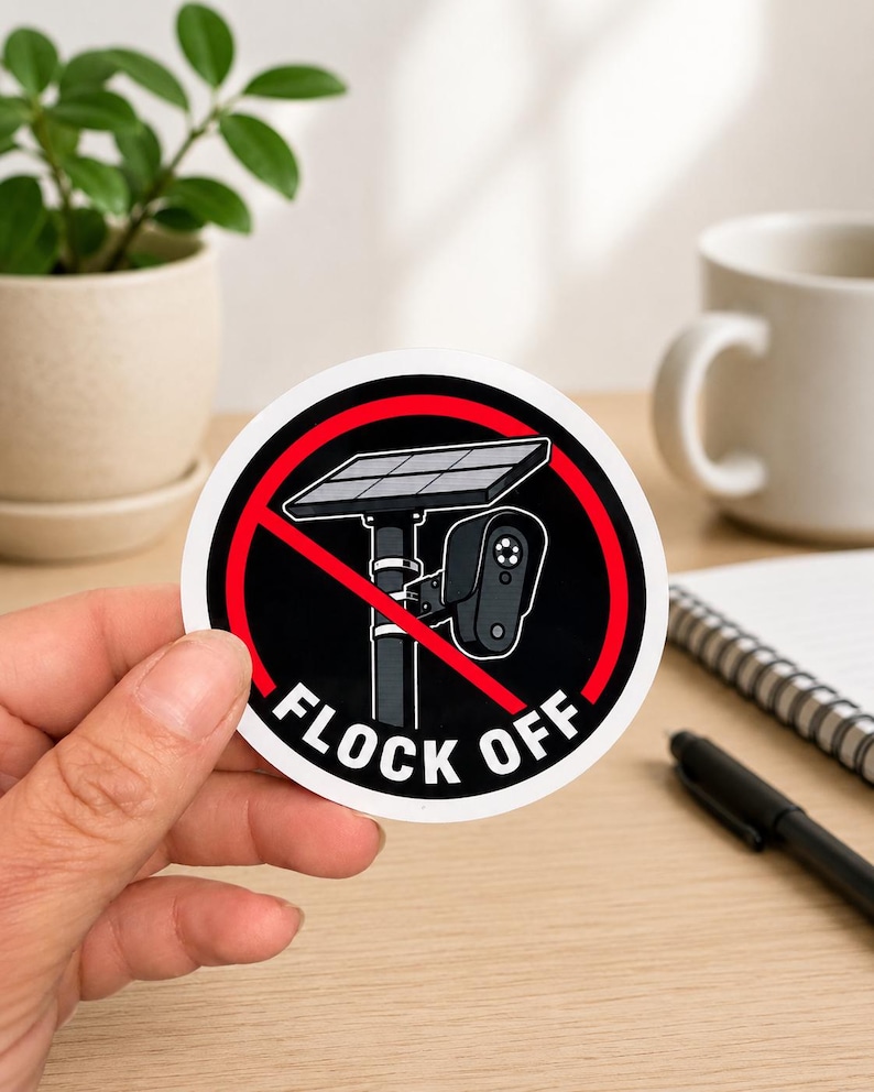 May include: A circular sticker featuring a graphic of a solar-powered security camera mounted on a pole, enclosed within a red prohibition circle. The text FLOCK OFF is printed in bold white capital letters along the bottom of the sticker design.