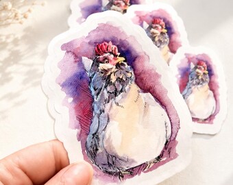 Adesivo in vinile impermeabile con gallina drammatica / Adesivo originale con gallina ad acquerello / Adesivo artistico Farmcore con gallina