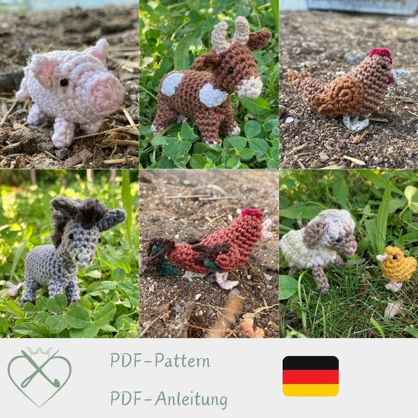 Häkelanleitung Bauernhoftiere, Bundle aus 7 Tieren, Muster Kuh Schaf Schwein Esel Huhn Hahn Küken, Amigrumi Anleitung Miniatur, Krafttiere