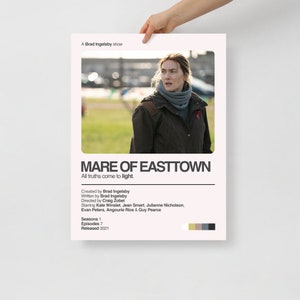 May include: A minimalist poster design for the HBO miniseries "Mare of Easttown". The poster features a close-up of Kate Winslet as Mare Sheehan, a detective in a small Pennsylvania town. The poster's text includes the title "Mare of Easttown", the tagline "All truths come to light", and details about the show's creators, writers, directors, and cast.