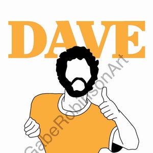 May include: Illustration of a person with a beard and curly hair, wearing an orange t-shirt, giving a thumbs-up. The name "DAVE" is written in orange block letters above the figure. The artwork is on a white background.