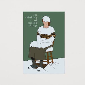 Peut inclure: Illustration numérique d'une personne assise sur une chaise dans un paysage enneigé. La personne porte un pull rayé et a de la neige sur la tête. Le texte "I'm thinking of ending things" est écrit au-dessus de la personne.