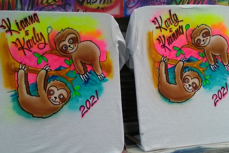 BFF Sloths, Best Friend Sloths Airbrush Shirt, Sloth Couple Shirt, Three Toed Sloth Shirt, Sloth Custom Shirt, Custom Couple Shirt, Sloth image 2