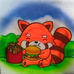 Red Panda Shirt, Red Panda Airbrush Shirt, Red Panda Custom Shirt, Red Panda Eating Cheeseburger, Cheeseburger Shirt, Burger and Fries