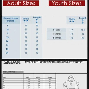 May include: Gildan T-shirt and hoodie sizing charts. Includes adult and youth sizes. Measurements are in inches. The adult sizes range from S to 5X, and youth sizes range from S to L.