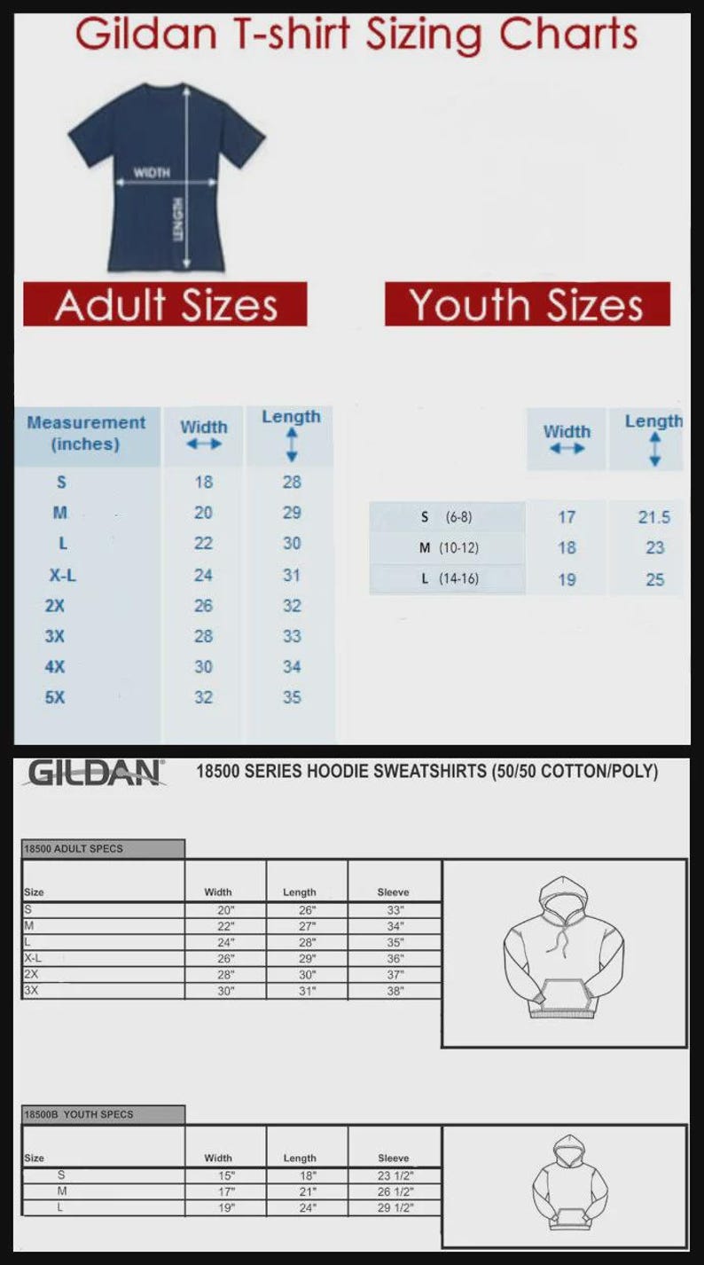 May include: Gildan T-shirt and hoodie sizing charts. Includes adult and youth sizes. Measurements are in inches. The adult sizes range from S to 5X, and youth sizes range from S to L.
