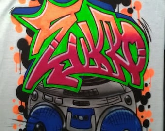 90s Airbrush Boombox Shirt: Custom Graffiti Name, Handmade