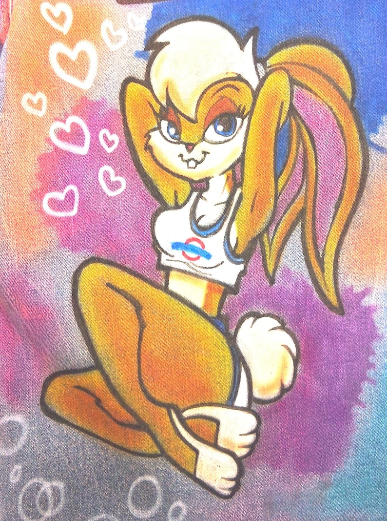 May include: Cartoon illustration of a female rabbit character with tan fur, wearing a white crop top with a logo and blue shorts. The background is a blend of pink, purple, and blue with white heart shapes.