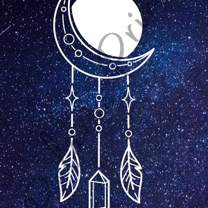 May include: A white crescent moon with a circle in the centre hangs from a string with three feathers and crystals on a dark blue starry background.