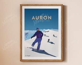 Affiche ski Auron | Auron France Travel Poster | Poster Vintage ski | ski Wall art | Décoration Maison | Cadeau