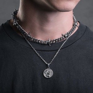 Fallen Angel Medallion Pendant Necklace, Silver Chain, 316L Stainless Steel