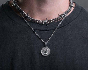 Fallen Angel Medallion Pendant Necklace, Silver Chain, 316L Stainless Steel