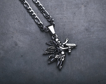 Death's Cupid, Angel Pendant Necklace, 316L Stainless Steel Silver Chain