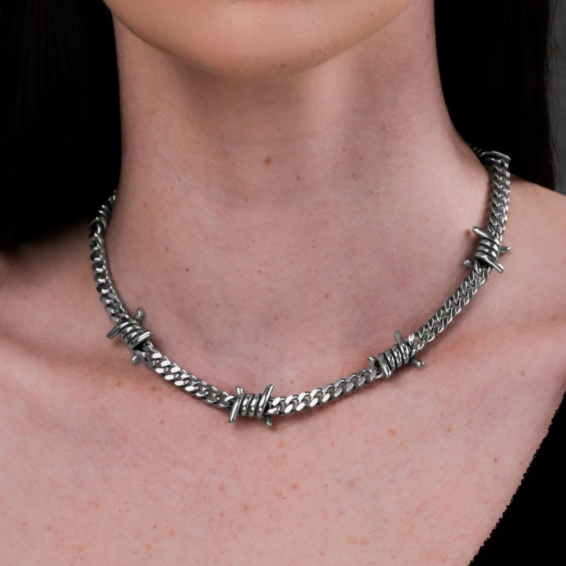 Barbed Wire Necklace, 6mm Cuban Chain, 316L Stainless Steel Barbed Wire Necklace, 6mm Cuban Chain, 316L Stainless Steel