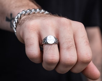 Scroll Signet Ring, 316L Stainless Steel, Mini Oval, Dainty Jewelry, Mens Rings, Gift for Him, Gift for Her