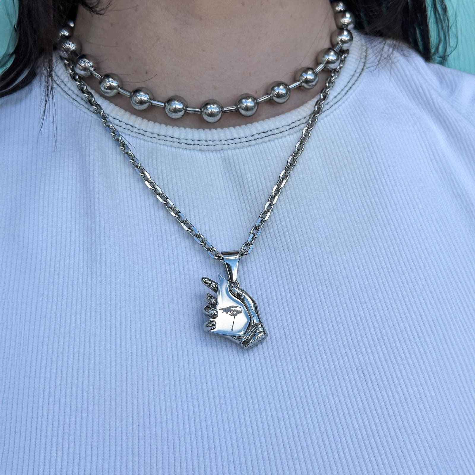 The Broken Mirror Silver Hand Pendant Necklace, 316L Stainless Steel