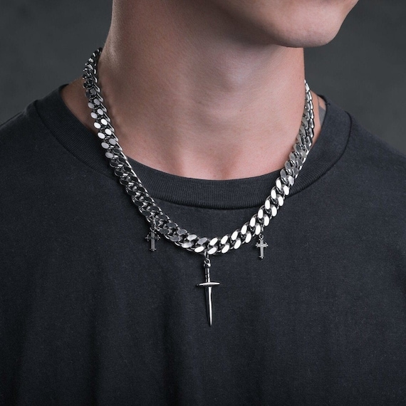 Crusader Necklace, Cuban Link Chain with Dagger charms, 316L Stainless Steel