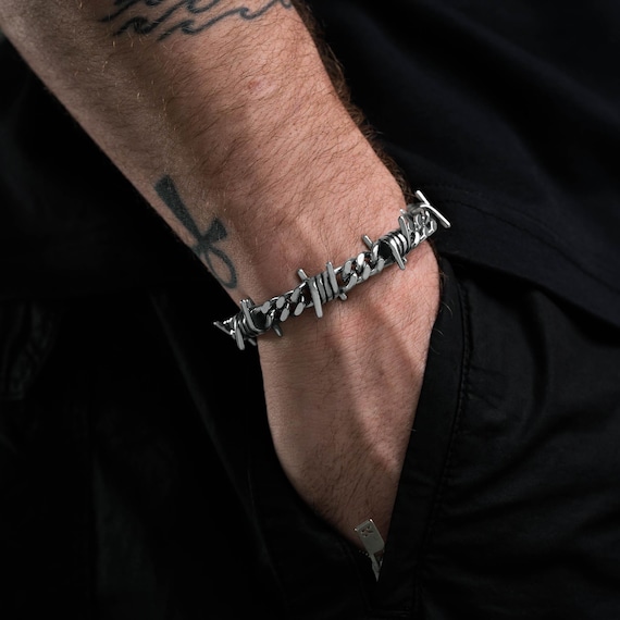 Barbed Wire Bracelet, 9mm Cuban Link Chain, 316L Stainless Steel