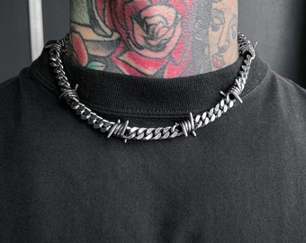 Collar de alambre de púas, cadena cubana, acero inoxidable 316L, joyería gótica, punk, grueso, regalo para él